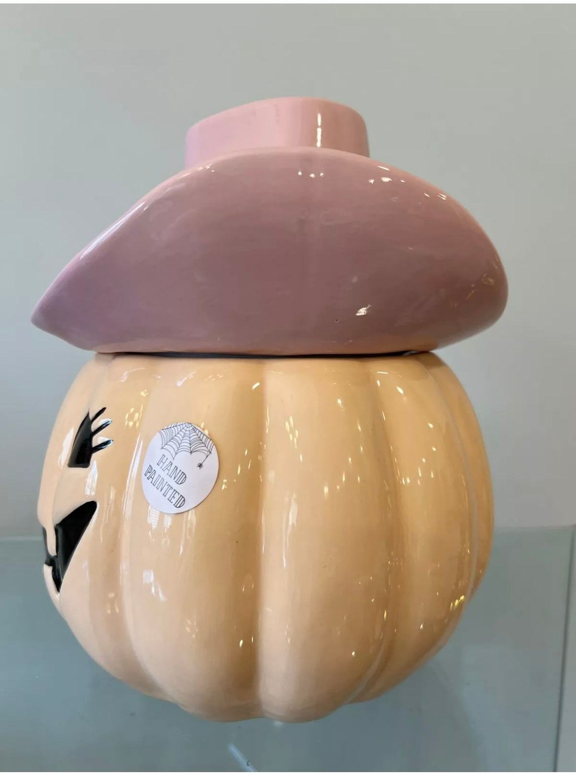 Cobwebs & Cauldrons Halloween Pumpkin Pink Cowgirl Hat Cookie Jar Canister NEW