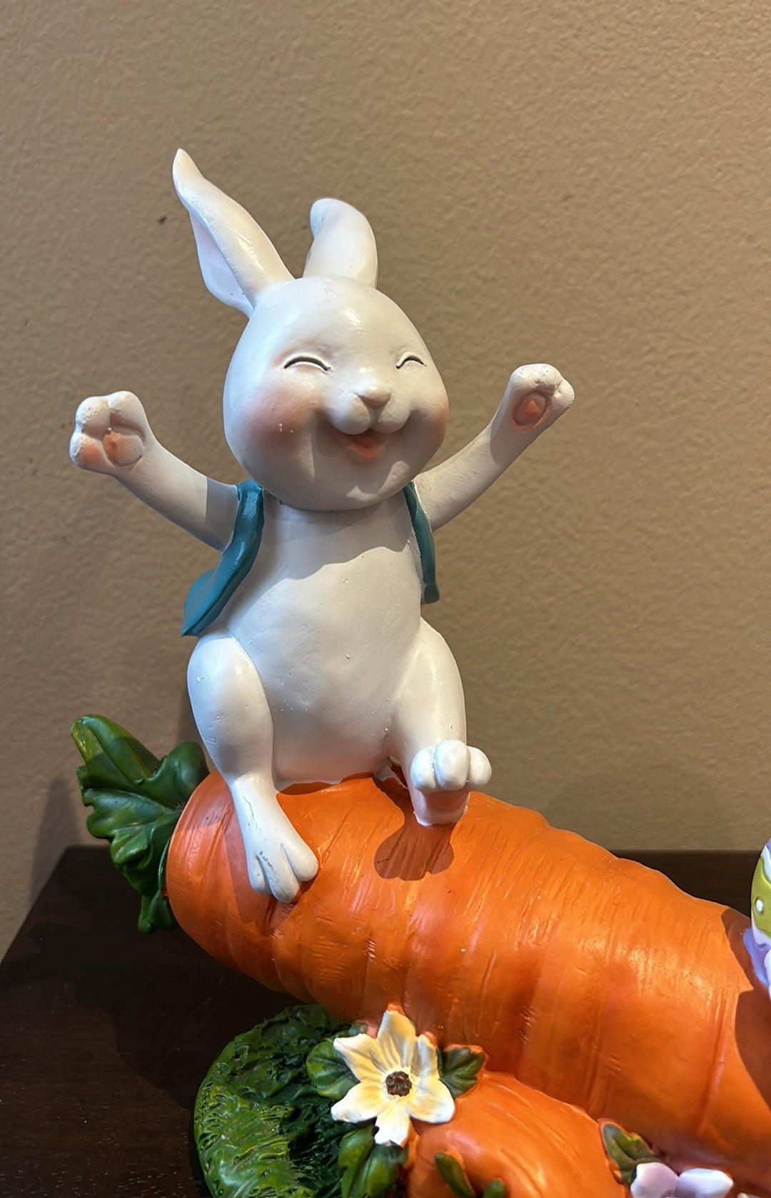 Cute Easter Baby Bunny Playing On A Carrot New 10.5” Tall