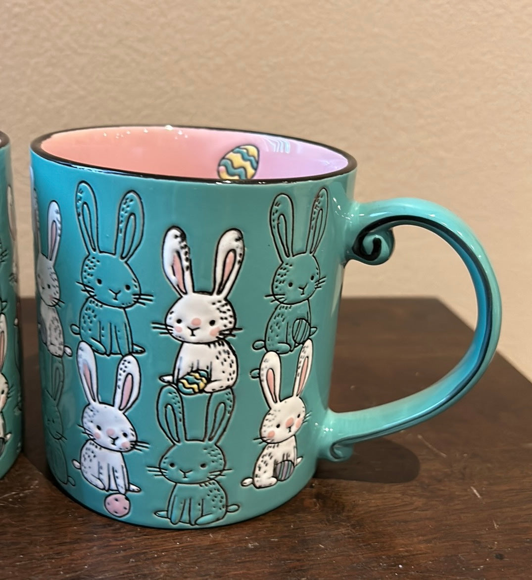 Eli & Ana Set of 2 Coffee Mugs Easter  Bunny Teal Pink  Ceramic New