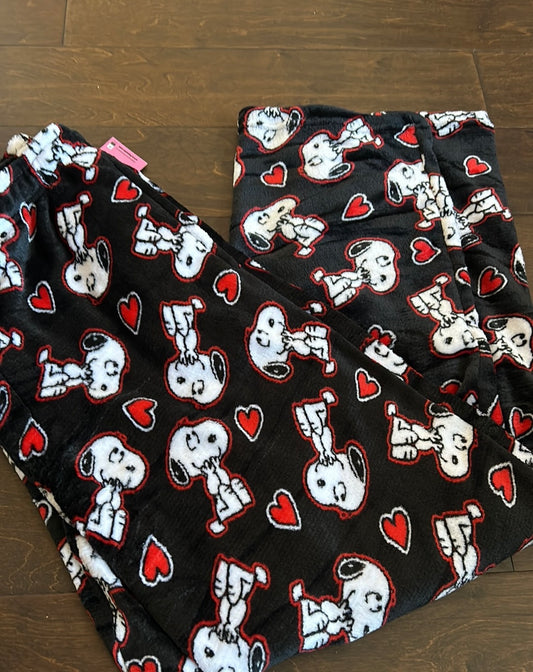 Snoopy Men’s Hearts Valentines Day Pajama Pants Sz L New Black Red