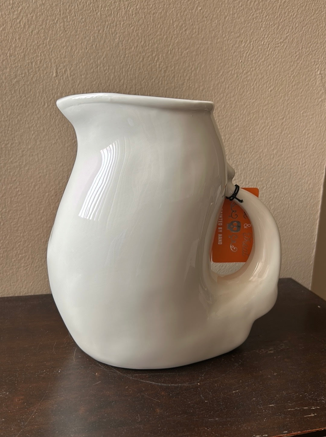 Trick Or Treat Ghost Pumpkin Ceramic Pitcher Halloween New Hand Painted 9”