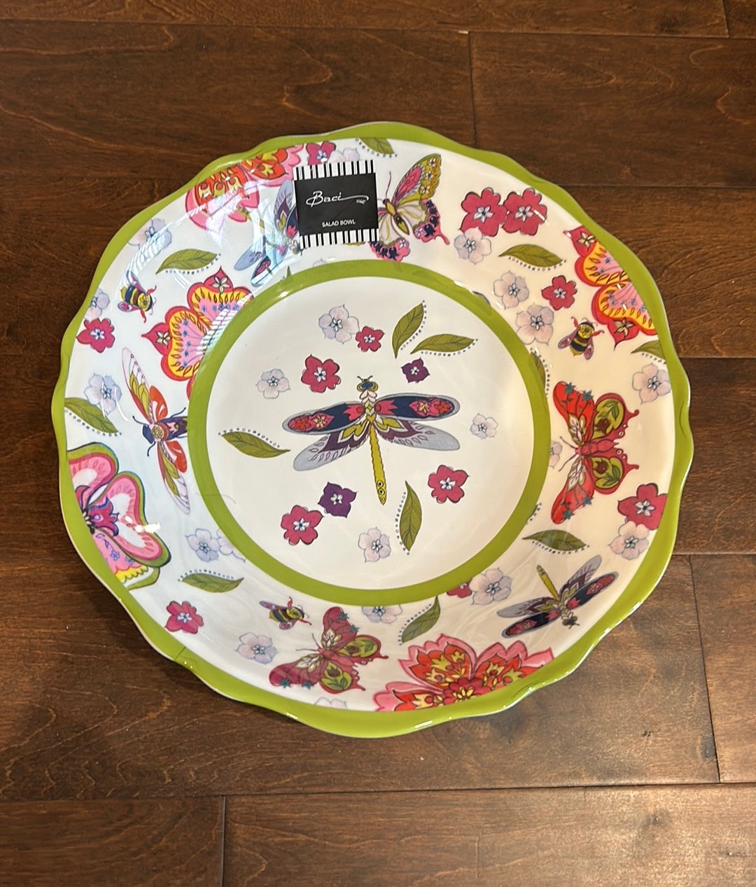 Baci Melamine Salad Pasta Serving Bowl 13” New Floral Butterflies Scalloped