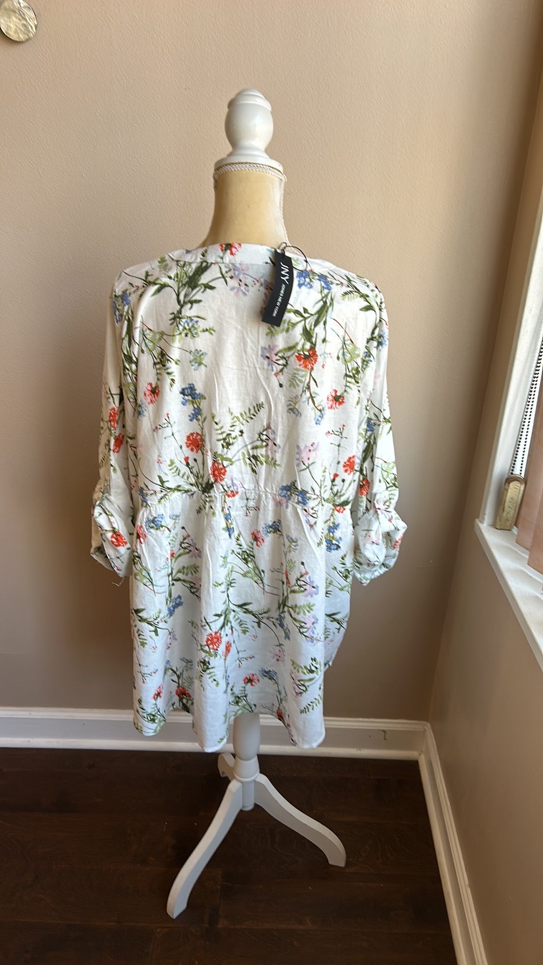 Jones New York Women Plus 2X Linen Blend Blouse Rolled Cuff Sleeve Nwt Floral