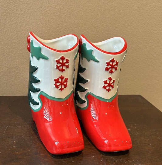 Peppermint & Pine Set Of 2 Christmas Tree Mugs New Boot Shaped Snowflake Holly