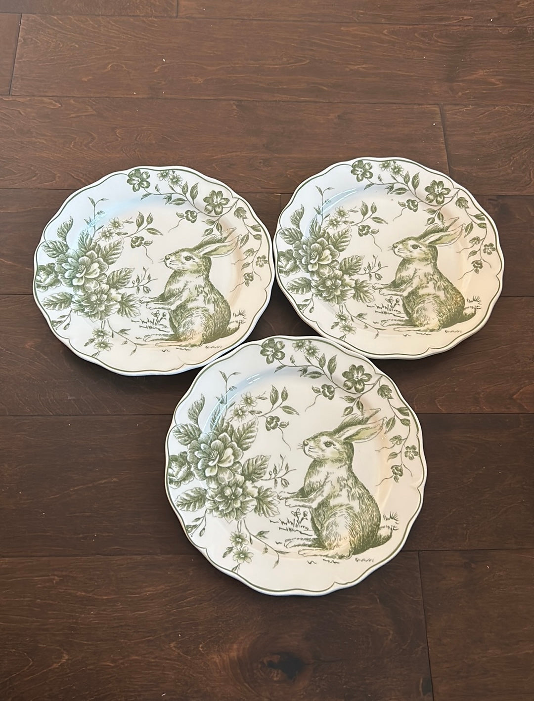 Set Of 3 Easter Bunny Scalloped Ceramic Salad Plates New Green Floral