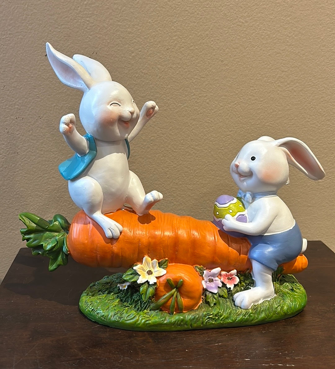 Cute Easter Baby Bunny Playing On A Carrot New 10.5” Tall