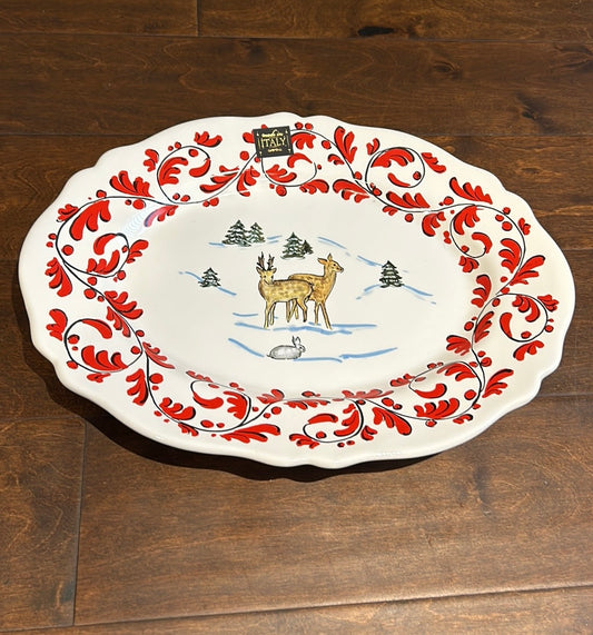 Nova Deruta Christmas Platter Oval New Reindeer Evergreen Trees Made In Italy