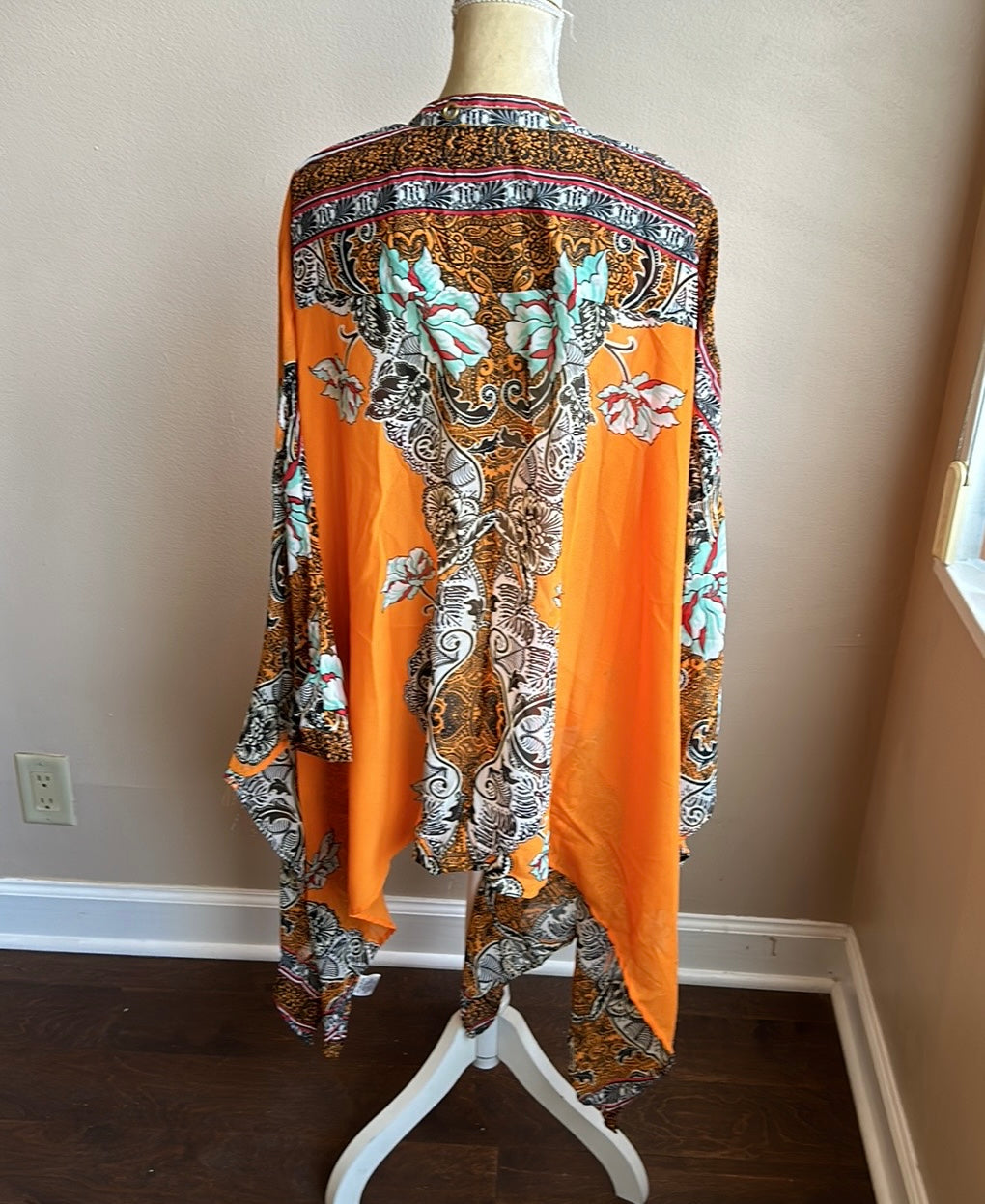 New Womens Plus Sz 1X  Swim Coverup Top Caftan Style Sheer Printed Orange