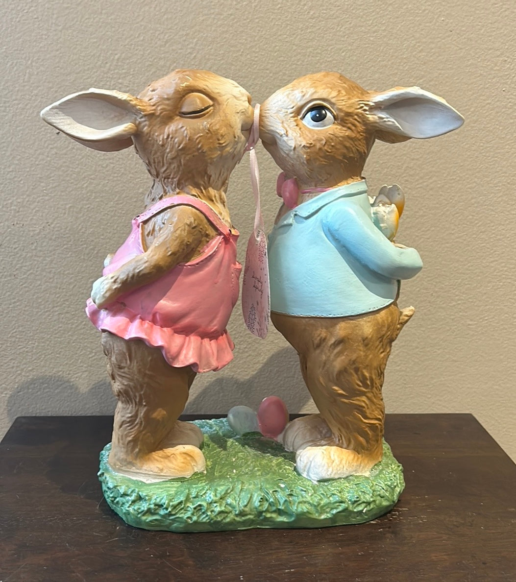 Cute Bunny Couple Kissing Easter Figurine New Holding Flowers 12”