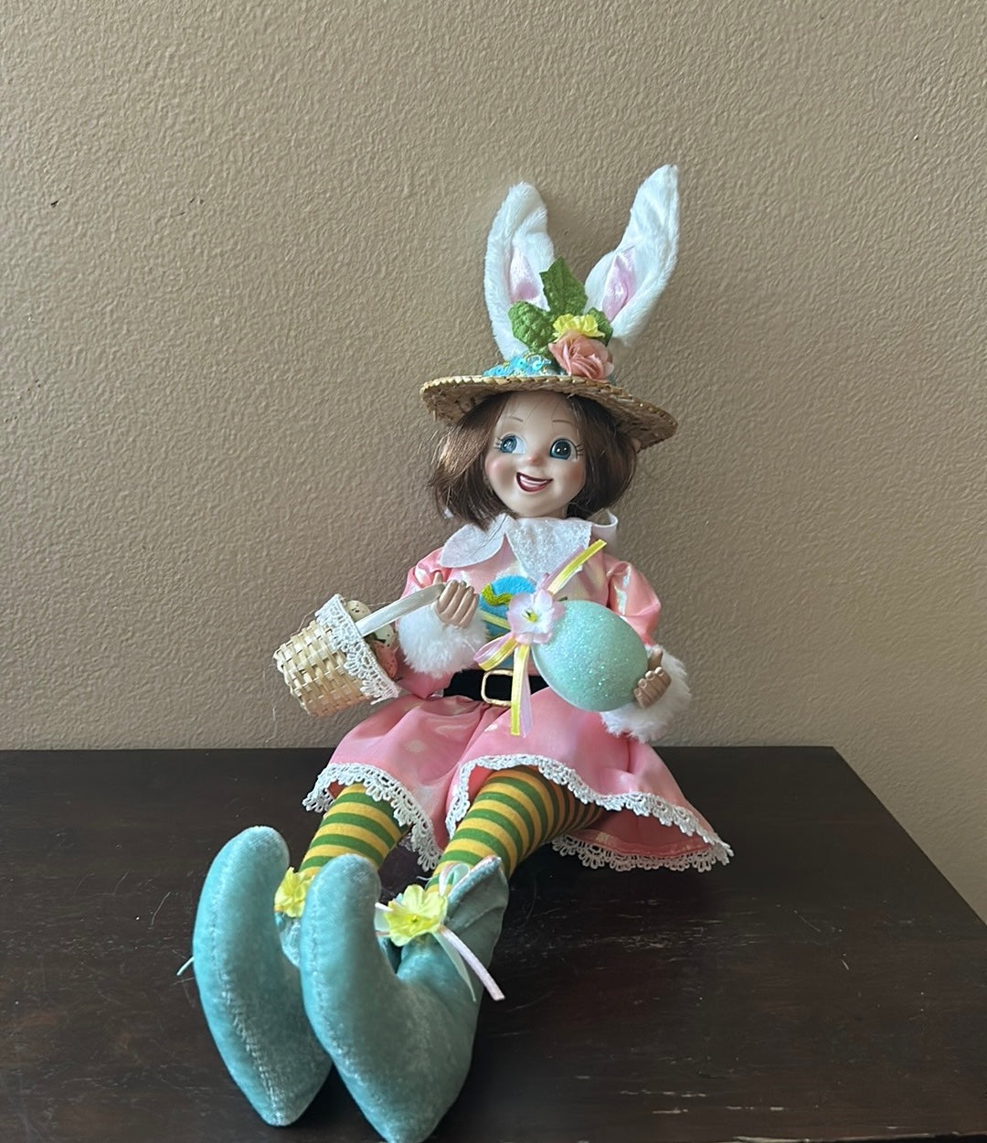 Cynthia Rowley Easter Elf Fairy Doll 16" Shelf Sitter Holding Flowers & Egg