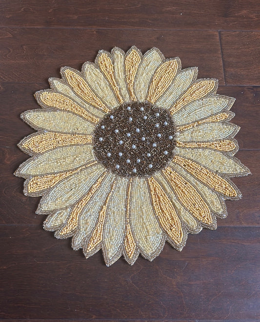 Tahari Set Of 2  Beaded Placemat Sunflower Shaped Charger Fall Thanksgiving 15”