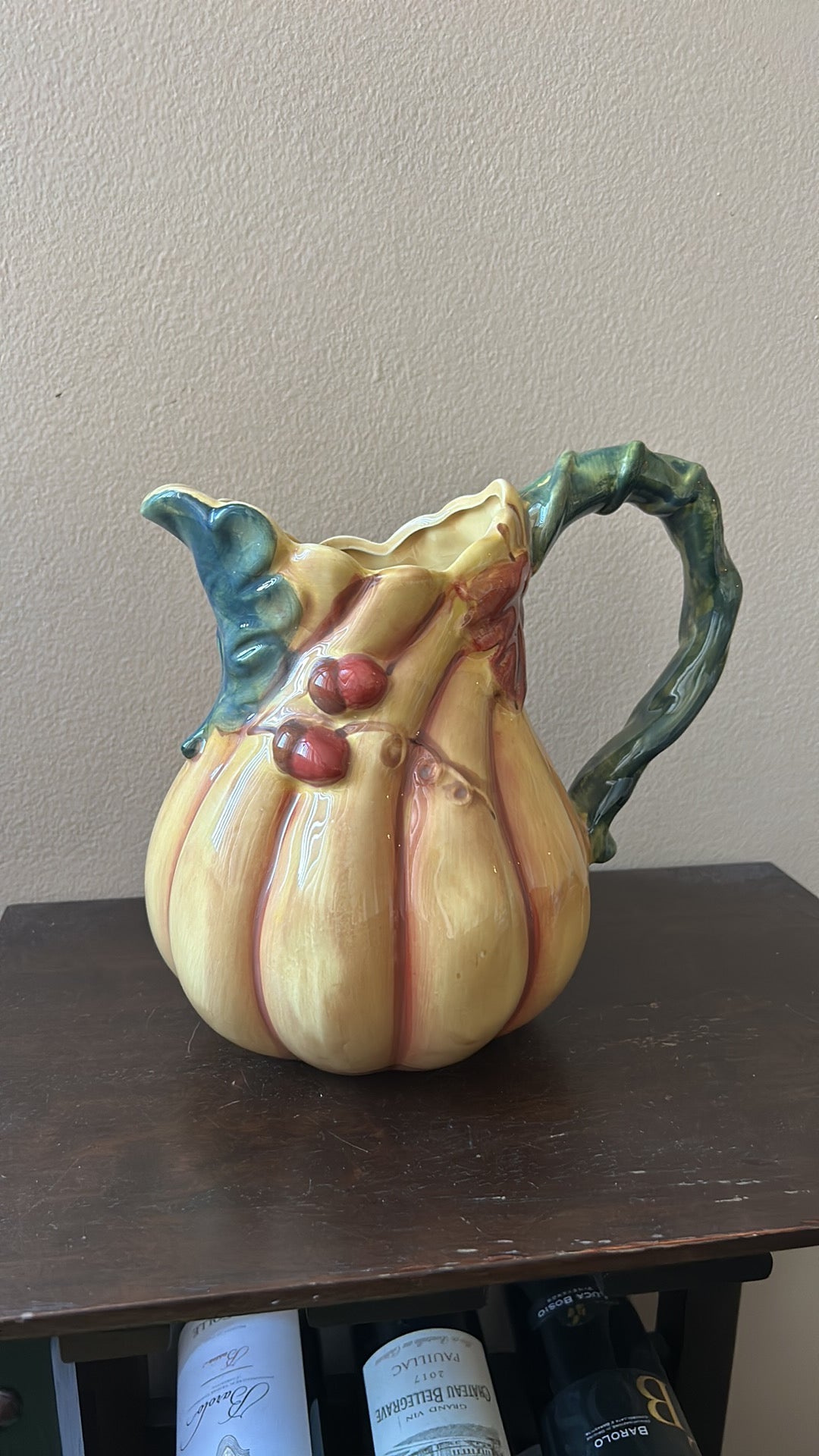 New Ceramic Pitcher Pumpkins Fall Leaves Berries Thanksgiving Ceramic 9” Tall