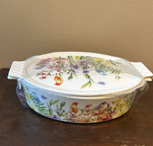 Grace's Pantry 3 in 1  Oval Baker Casserole w/ Lid Floral Birds Lavender  New