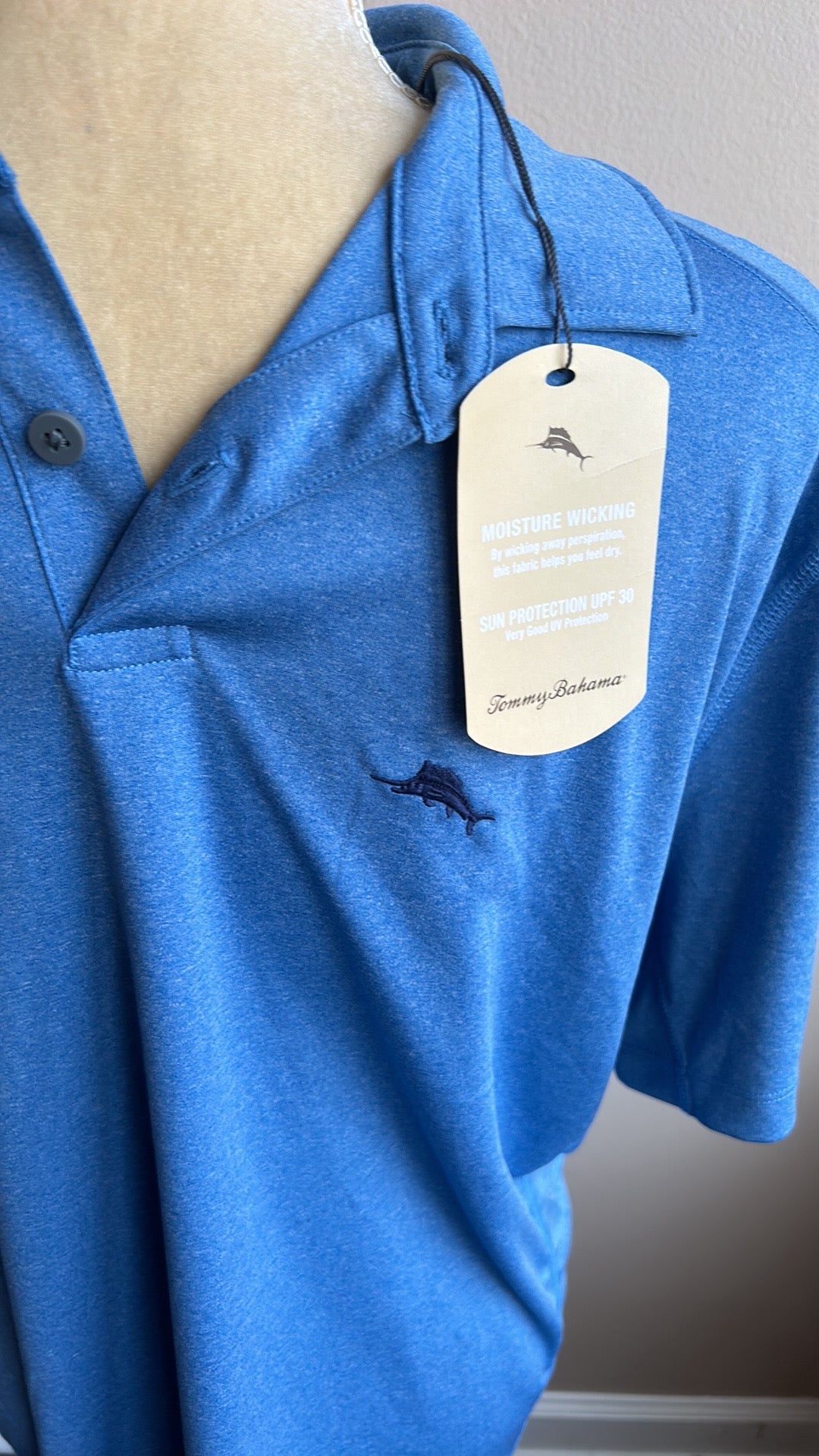 NWT Tommy Bahama Blue Short Sleeve Polo Shirt Marlin S Moisture Wicking UPF 30