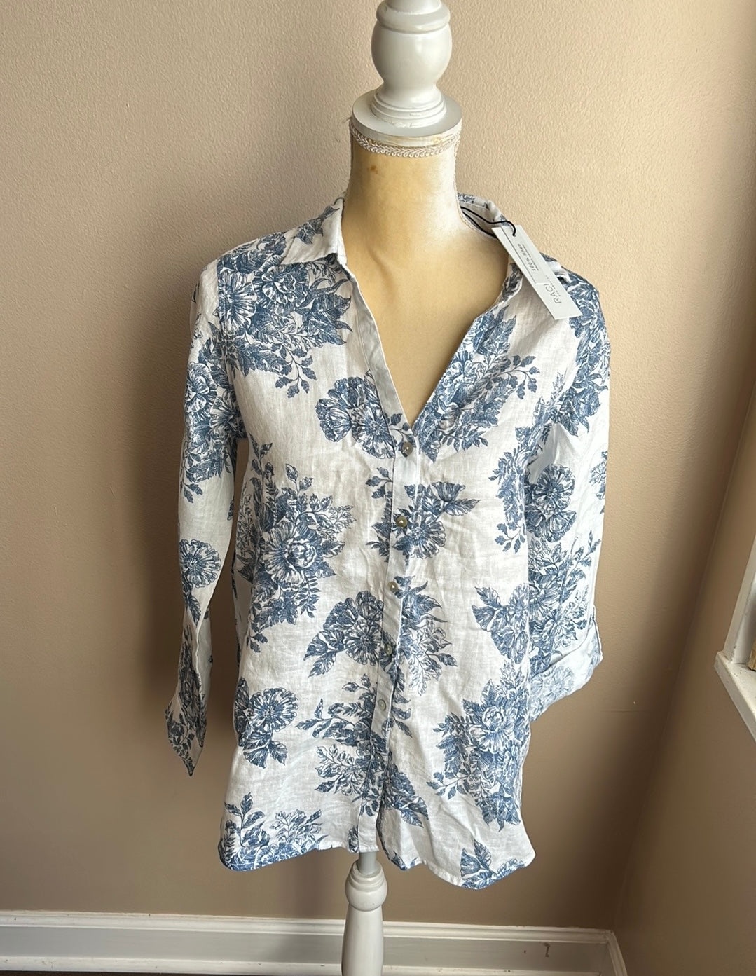 Rachel Zoe Womens Linen Shirt Blouse New Blue White Floral