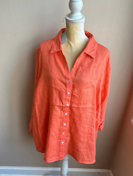 Sigrid Olsen Womens Plus Sz 3X Linen Shirt Tunic Top New Orange Roll Tab Sleeve