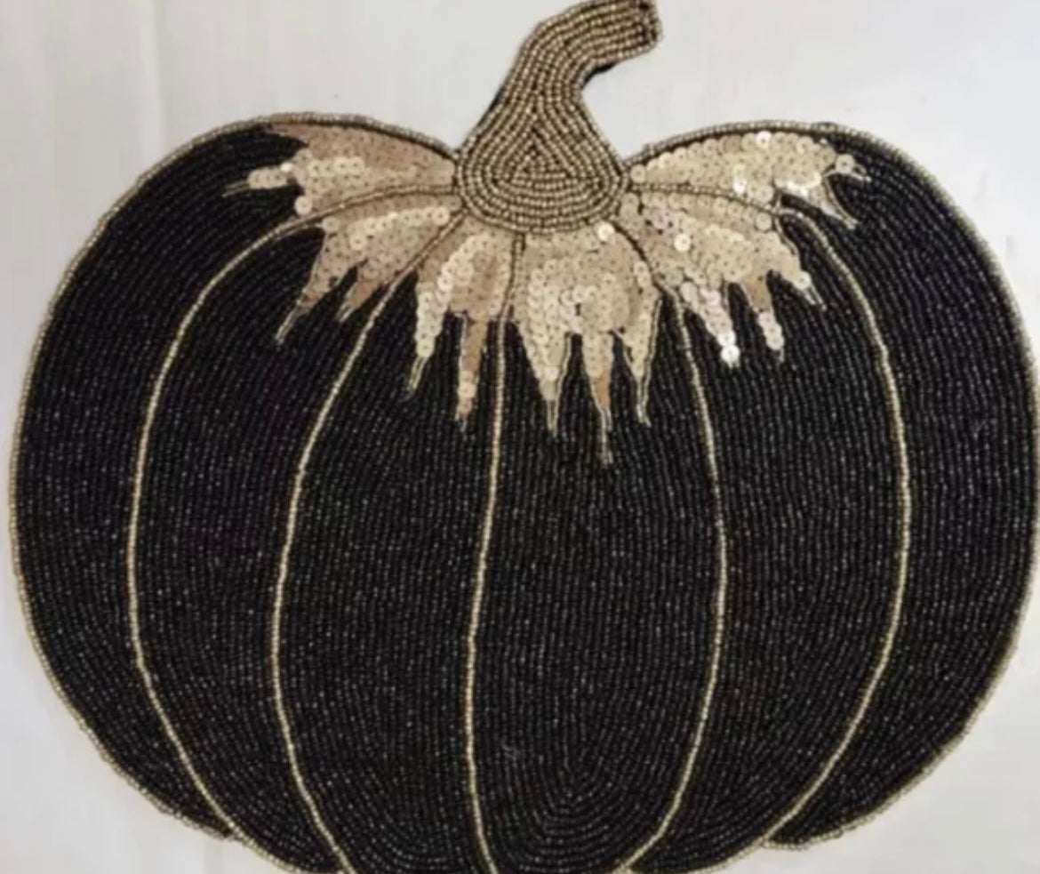 Nicole Miller Set Of 2 Halloween Pumpkin Black Gold Fall Placemat Charger Beaded