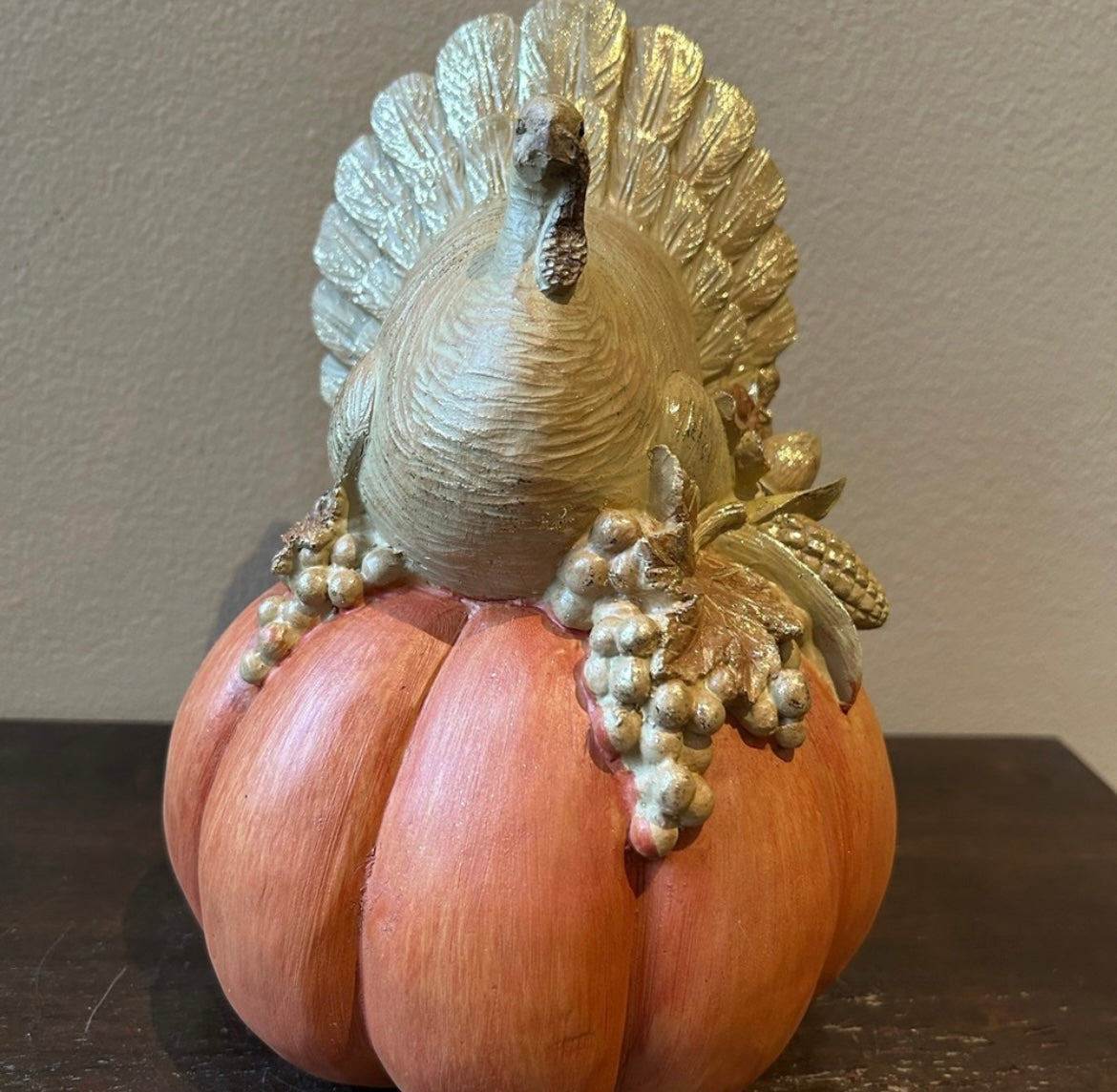 Turkey Sitting On Pumpkin Figurine New Fall Thanksgiving Decor Orange Gold