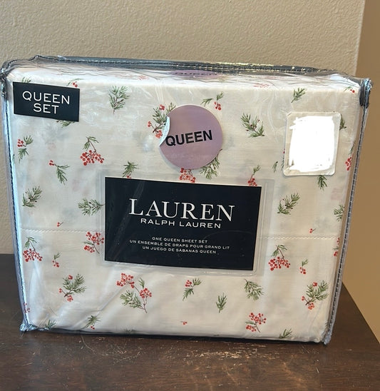 Ralph Lauren Christmas Queen Sheet Set Holiday Holly Mistletoe 100% Cotton New