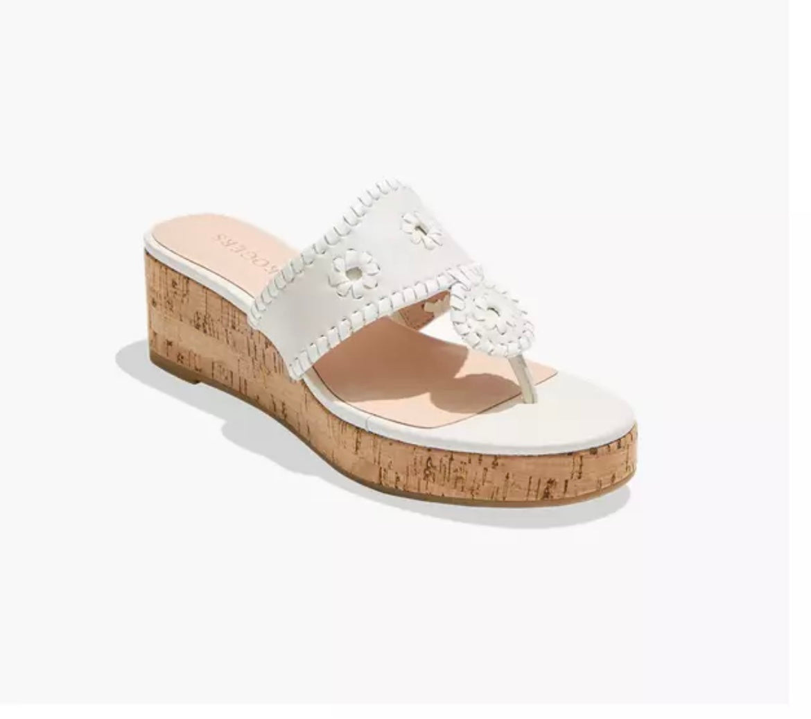 Jack Rogers Women’s Cork Wedge Sandals White with decorative whipstitch New