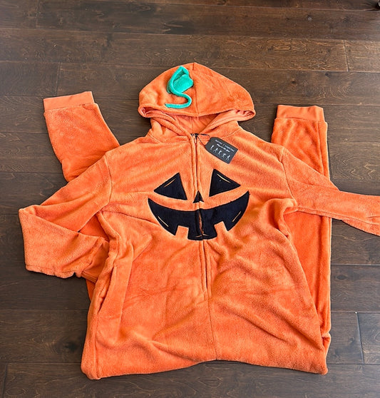 Womens Plush Pumpkin Union suit One Piece Sz XL Hooded New Orange Halloween