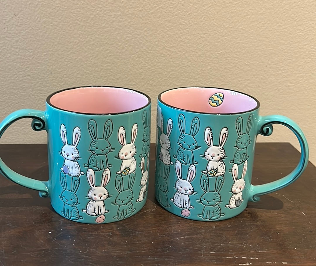 Eli & Ana Set of 2 Coffee Mugs Easter  Bunny Teal Pink  Ceramic New