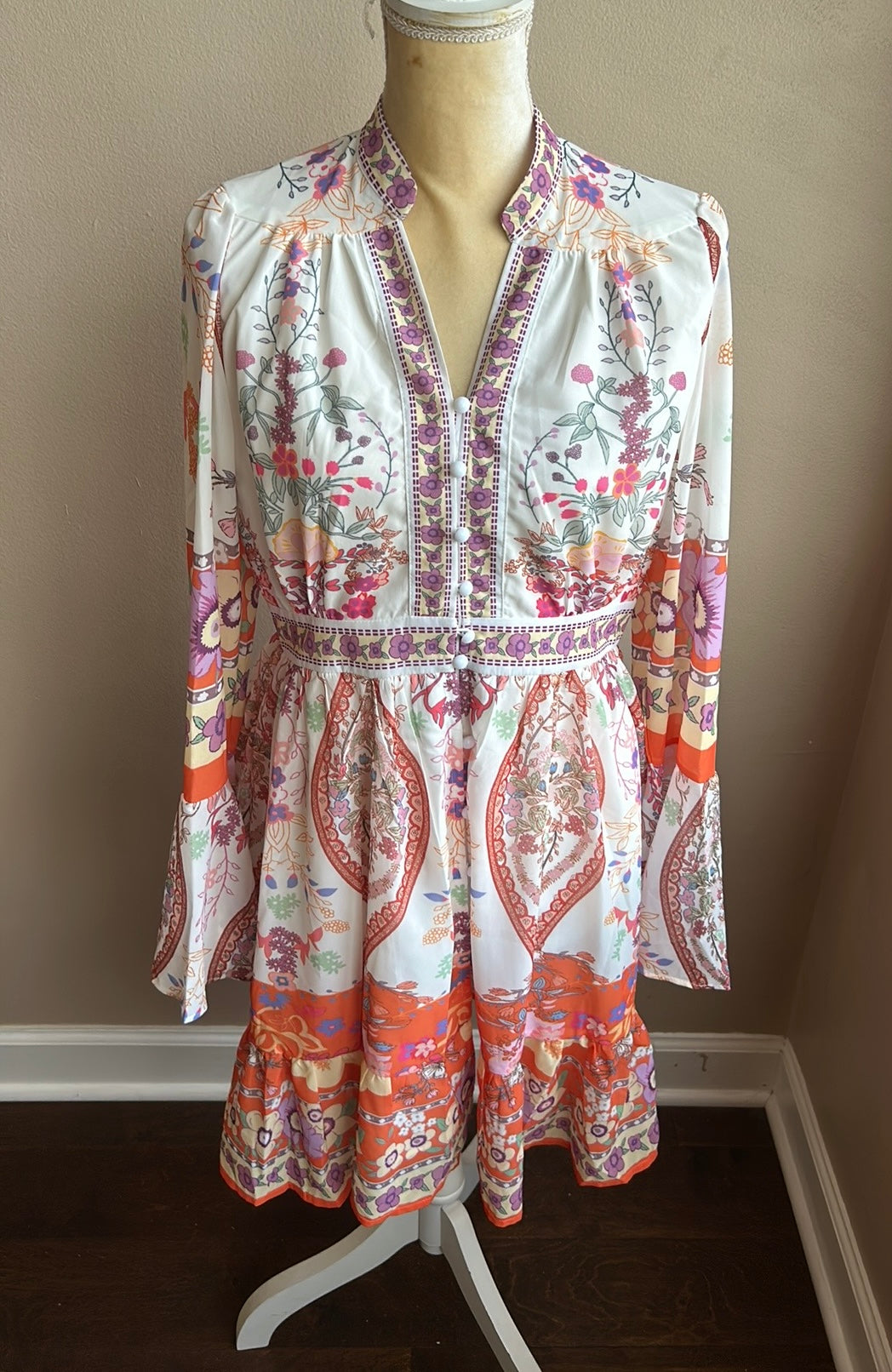 Dalia Macphee Women’s Floral Border Print Dress New Sz L Bell Sleeve