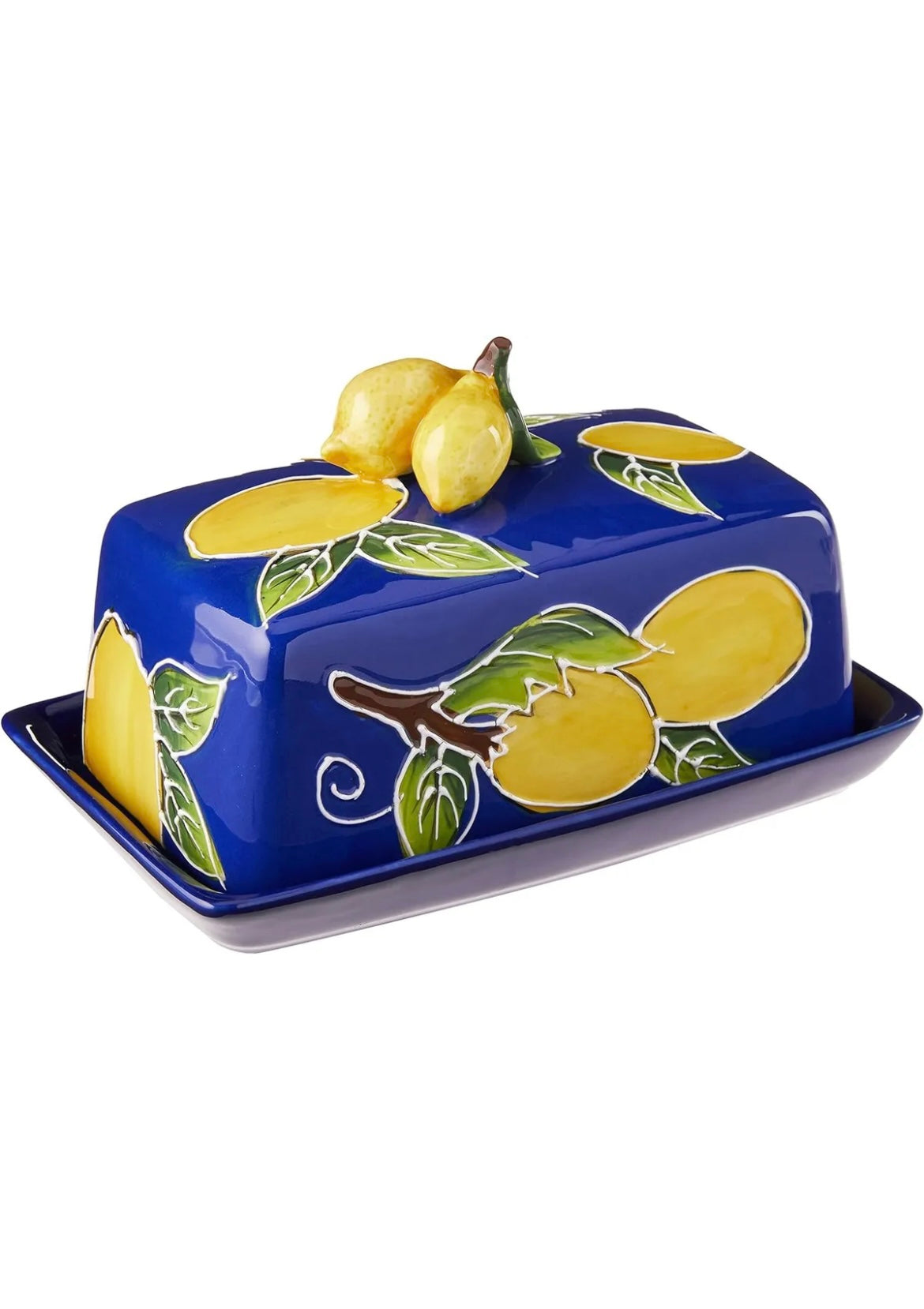 New Blue Sky Clayworks Heather Goldminc Covered Ceramic Butter Dish Lemon Blue