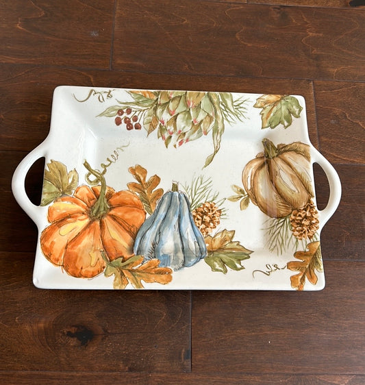 Pumpkin Fall Leaves Thanksgiving Serving Platter Ceramic New 14 3/4” With Handle