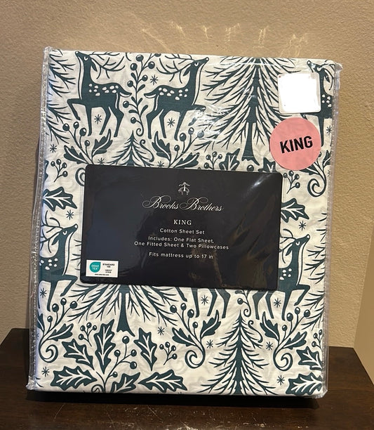 Brooks Brothers Sheet Set King Christmas Reindeer Holly Berry Evergreen Trees