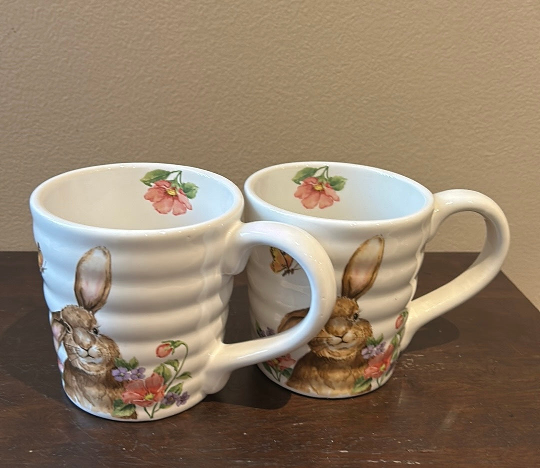 Coffee Mugs Set Of 2 Cups New Easter Bunny Floral Spring Pattern Butterflies