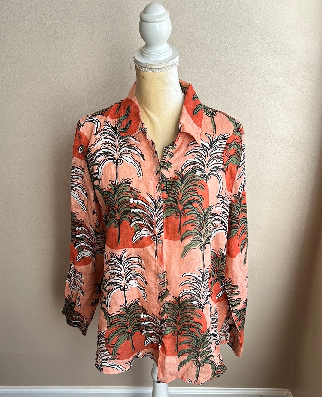 Nicole Miller Women’s Linen Shirt Tropical New Palm Trees Long Sleeve Sz M