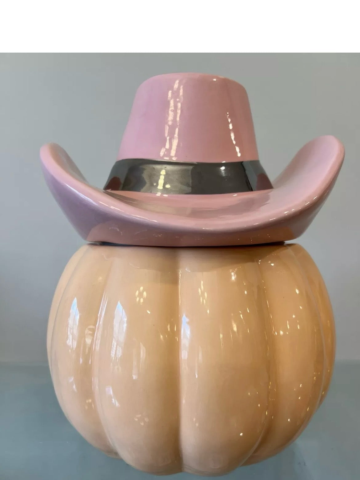 Cobwebs & Cauldrons Halloween Pumpkin Pink Cowgirl Hat Cookie Jar Canister NEW