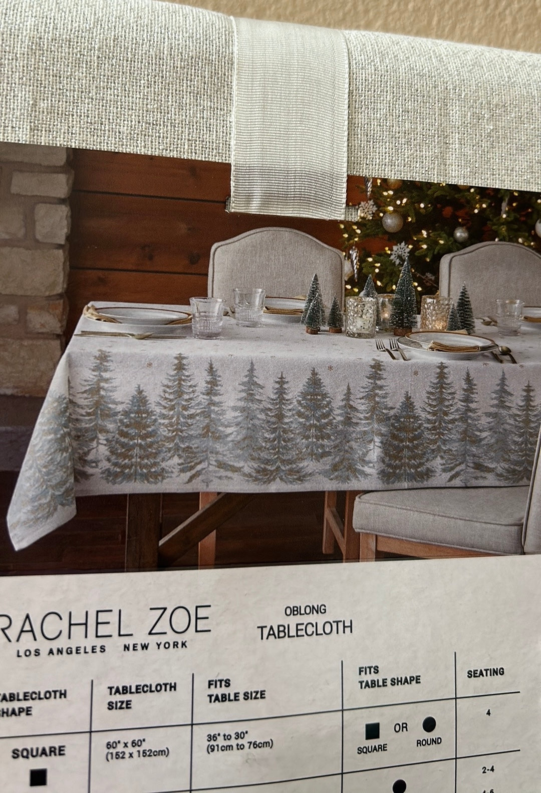 Rachel Zoe Tablecloth Christmas Oblong New Evergreen Trees ShimmeryGold
