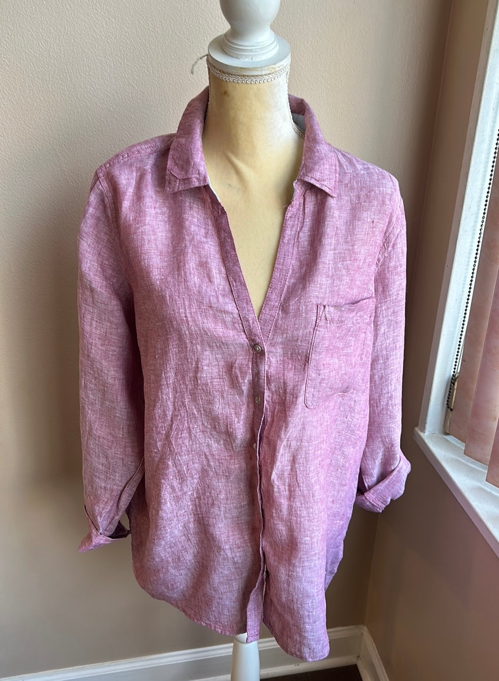 Sigrid Olsen Womens Sz L Linen Shirt Tunic Top New Pink Roll Tab Sleeve