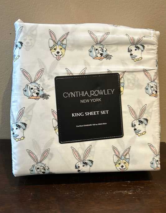 Cynthia Rowley King Sheet Set Dogs With Bunny Ears Easter Spring New