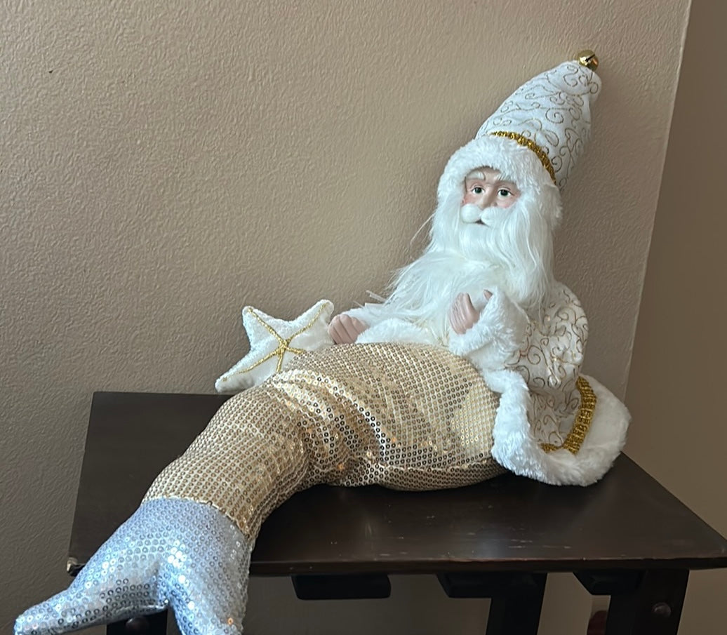 New Mermaid Santa Claus With Starfish Coastal Christmas Decor Off White Gold