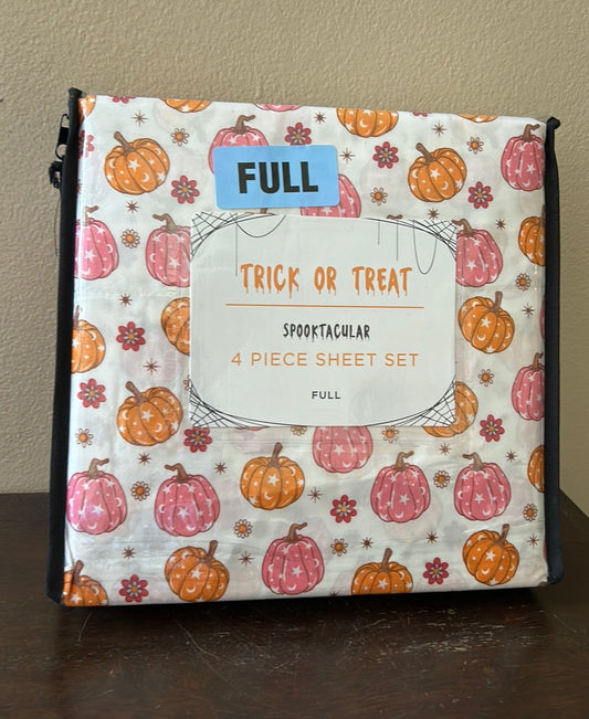 Trick Or Treat Sheet Set New Full Pumpkins Orange Pink Halloween Floral