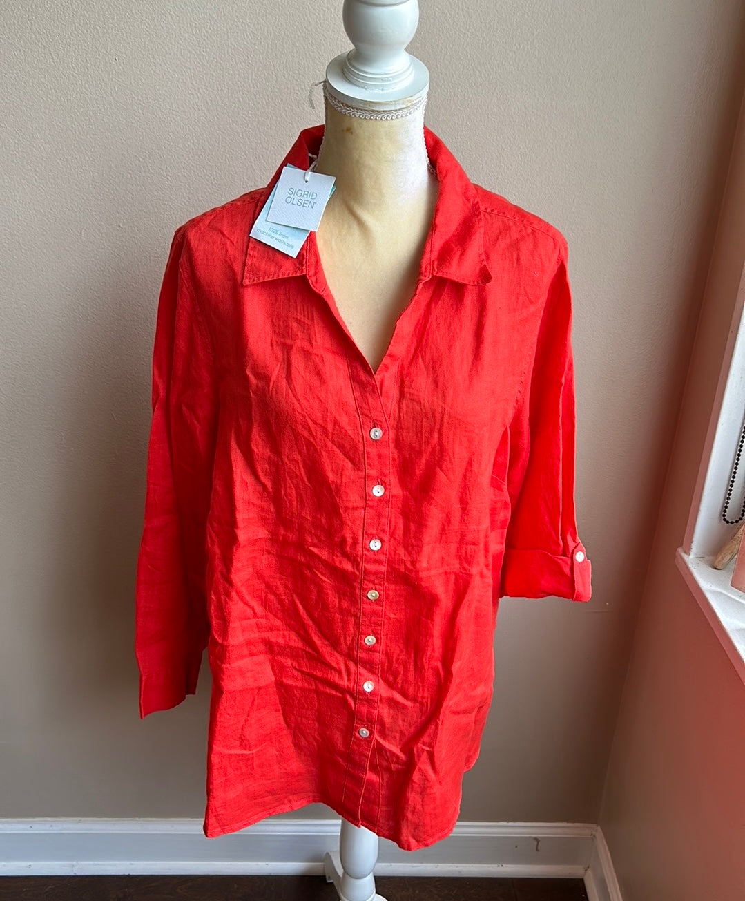 Sigrid Olsen Womens Plus Sz 2X Linen Shirt Top New Burnt Orange Roll Tab Sleeve