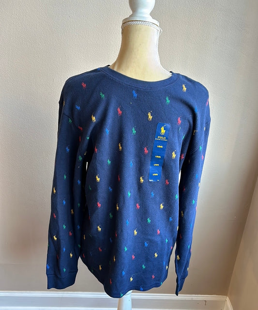 Polo Ralph Lauren Mens Waffle Knit Long Sleeve Tshirt Sz L Blue Pony Logo