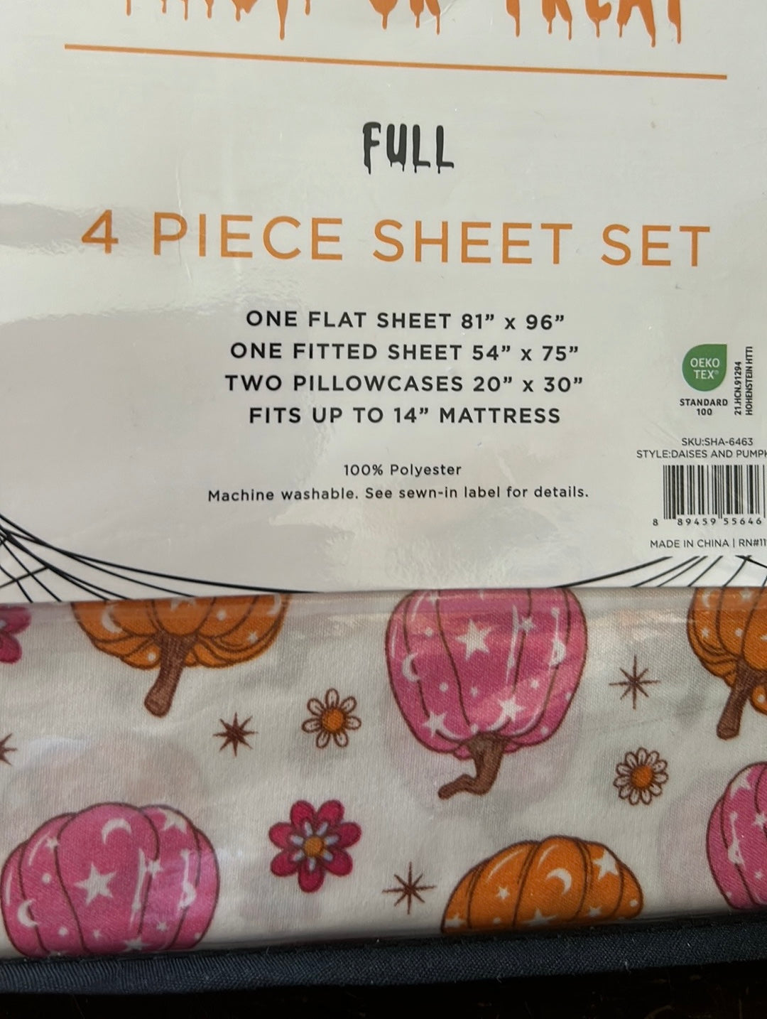 Trick Or Treat Sheet Set New Full Pumpkins Orange Pink Halloween Floral