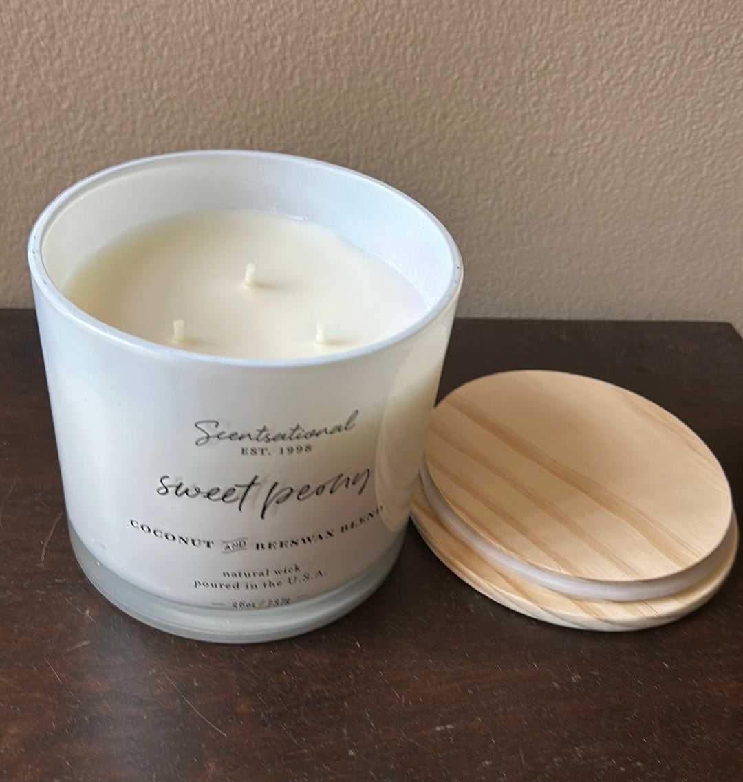 Scentsational Sweet Peony Wood Wick Candle 26 Oz Glass Jar Coconut Beeswax Blend