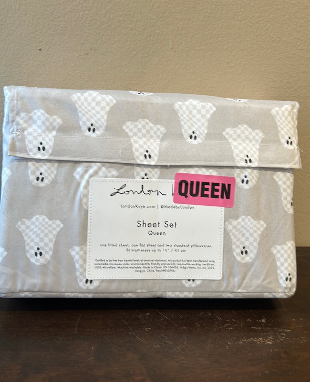 London Kaye Checkered Ghost Halloween 4pc Queen Sheet Set NEW