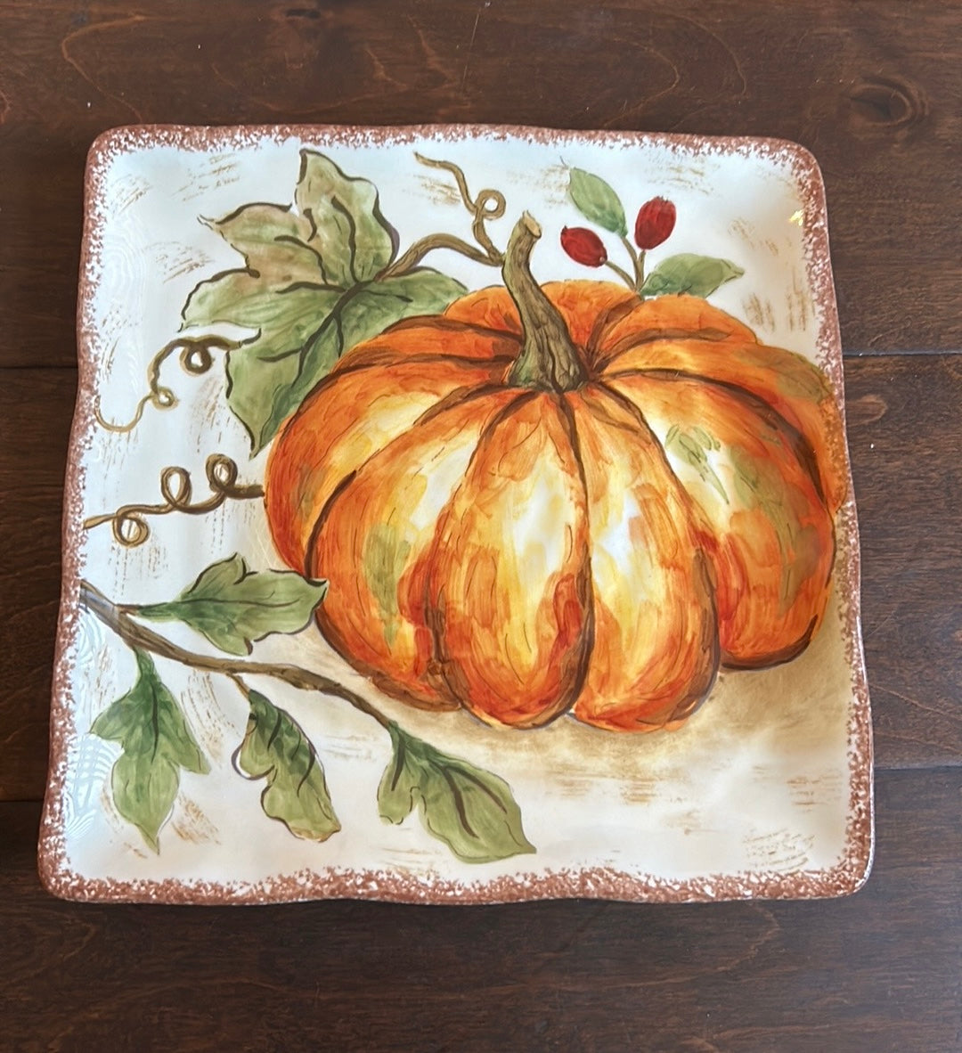 Set Of 6 Pumpkin Fall Leaves Salad Plates Ceramic Square 8 1/4” New