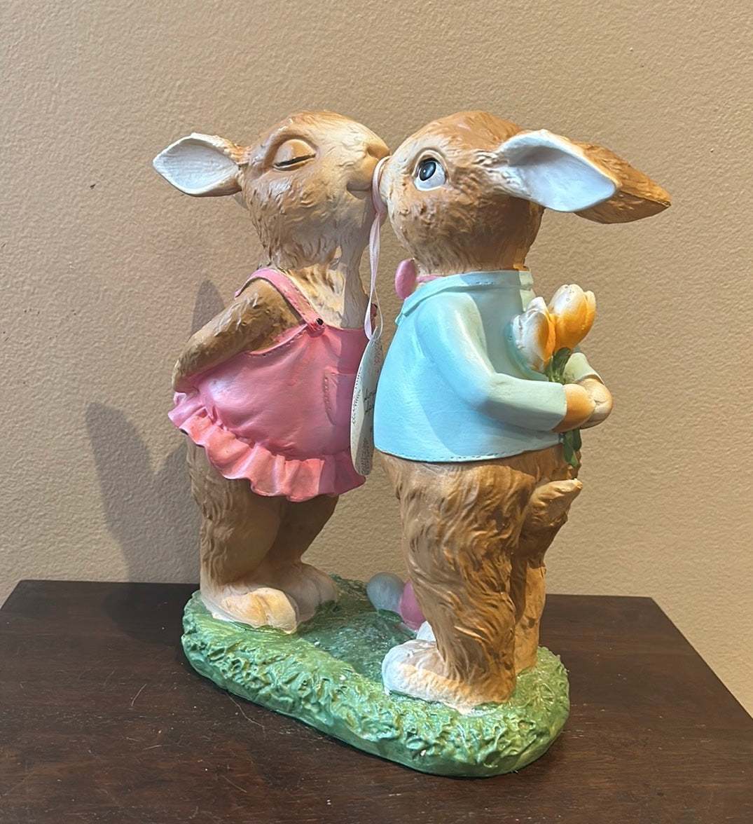 Cute Bunny Couple Kissing Easter Figurine New Holding Flowers 12”