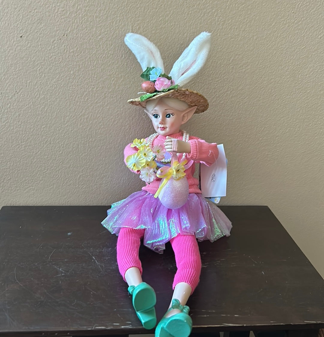 Cynthia Rowley Easter Elf Fairy Doll 16" Shelf Sitter Holding Flowers & Egg