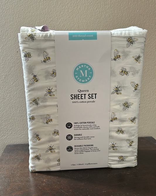 Martha Stewart Bumblebee Print Queen Sheet Set New Cotton