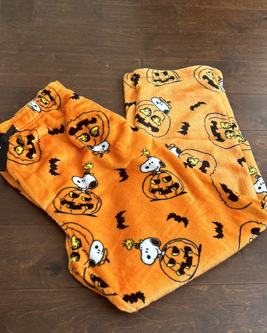 Peanuts Mens Halloween Snoopy Pumpkin Bats Plush Pajama Pants New Orange