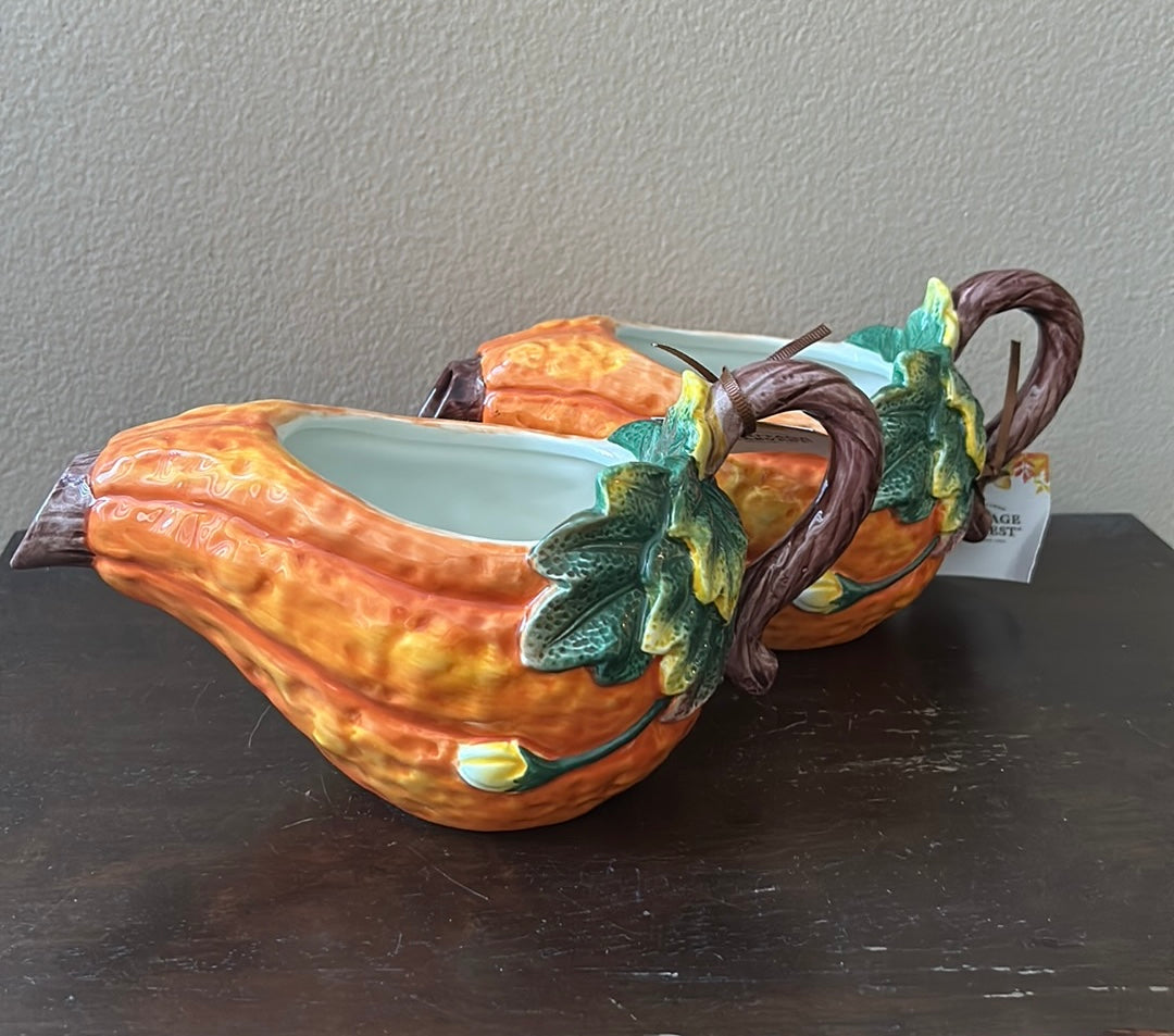 Heritage Harvest Set Of 2 Gravy Boat  Dishes New Pumpkin Fall Thanksgiving