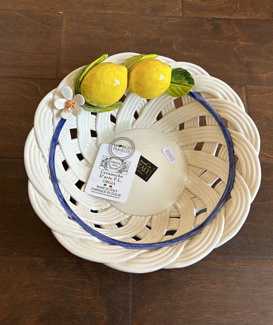 Ceramiche D’arte Handmade Basket Weave Bowl wth Sculpted Lemons from Italy 10.5”